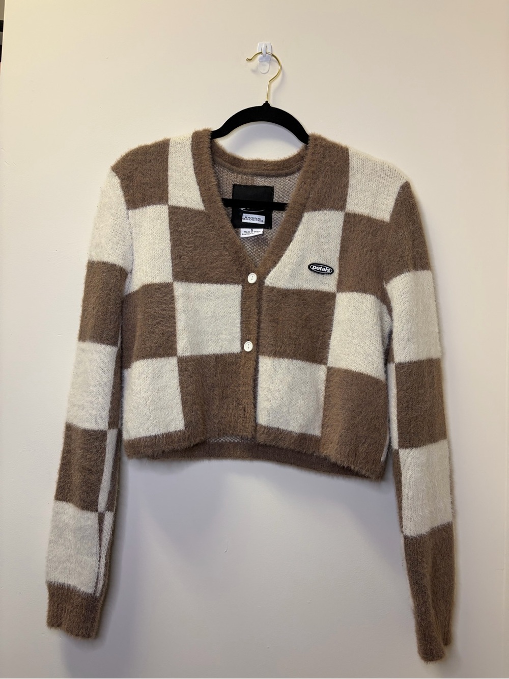 Petals Brown & Cream Checkered Fuzzy Crop Cardigan – Size S